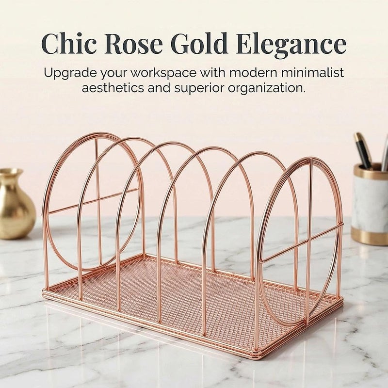 Simmer Stone File Sorter Organizer, 5 Section Magazine Holder Rack, Desktop Round Wire Book Stand for Mail, Paper, Document, Folder, Record and Desk Accessories, Rose Gold - Image 2